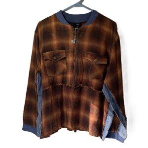 Heyson Women's Size L - Mixed Plaid Tunic with Denim Arms and Pocket Shacket